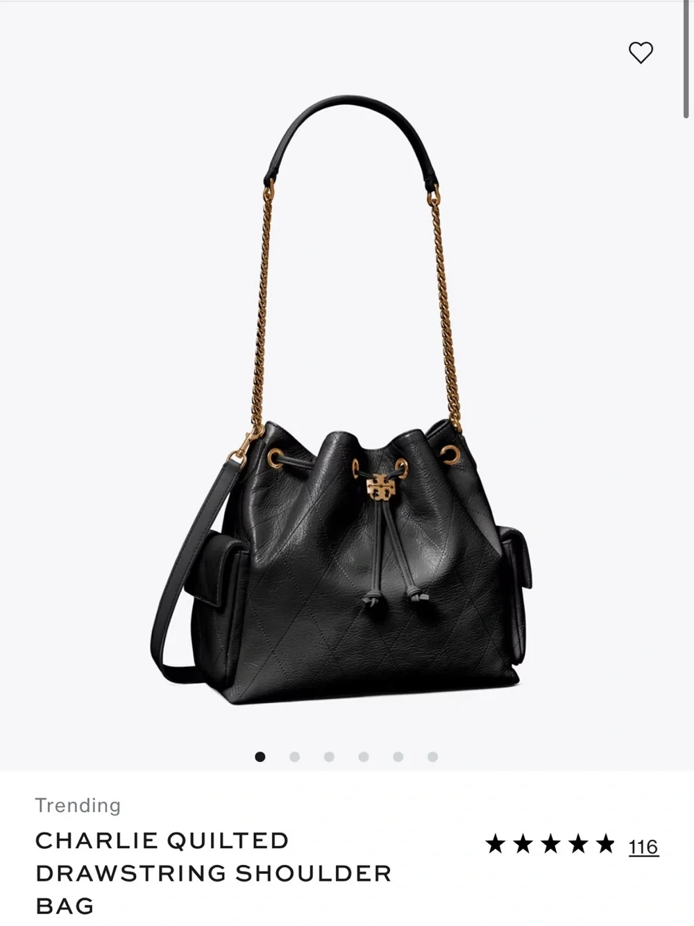 Tory Burch Charlie Quilted Drawstring Shoulder Bag - Black with Gold Hardware